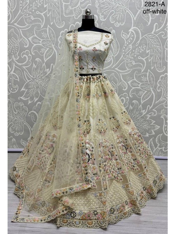 Soft Premium net  Wedding Wear Lehenga In Off White Color With Embroidery Work