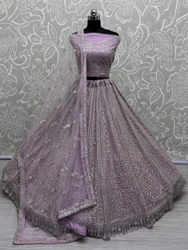 Soft Premium net  Wedding Wear Lehenga In Light Purple Color With Embroidery Work