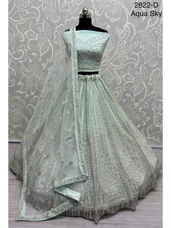 Soft Premium net  Wedding Wear Lehenga In Aqua Sky Color With Embroidery Work
