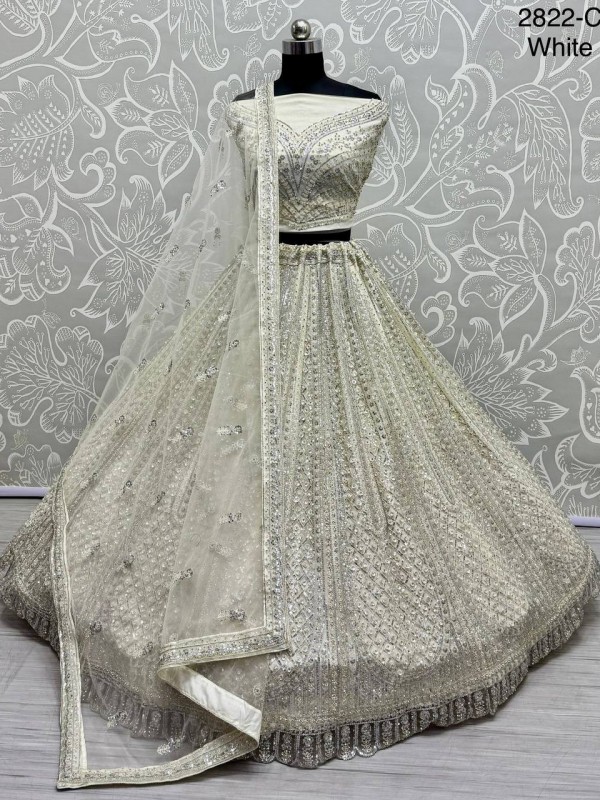 Soft Premium net  Wedding Wear Lehenga In White Color With Embroidery Work