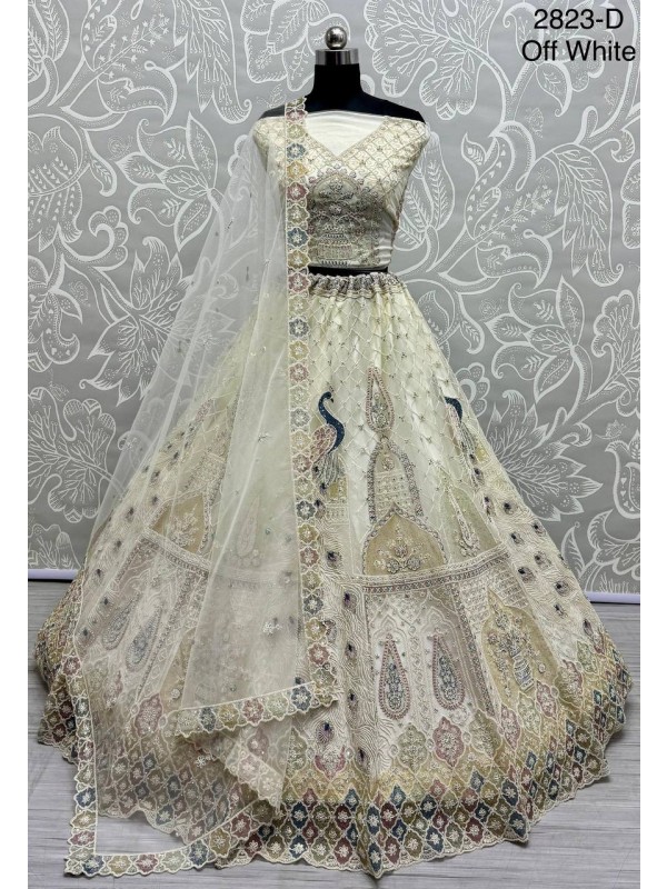 Soft Premium net  Wedding Wear Lehenga In Off White Color With Embroidery Work