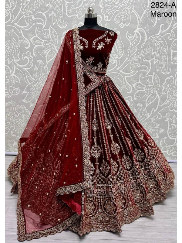 Pure Micro Velvet Wedding Wear Lehenga In Maroon Color With Embroidery Work