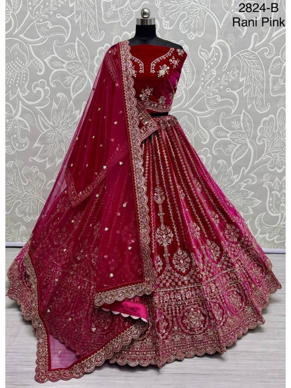 Pure Micro Velvet Wedding Wear Lehenga In Rani Pink Color With Embroidery Work