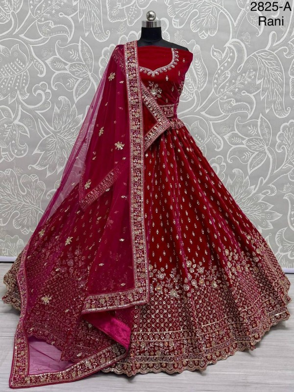 Pure Micro Velvet Wedding Wear Lehenga In Rani Color With Embroidery Work