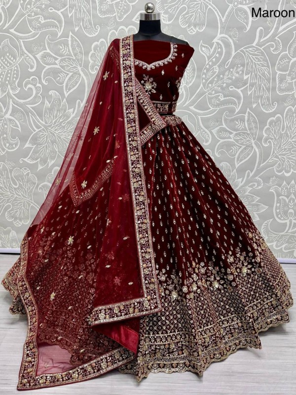 Pure Micro Velvet Wedding Wear Lehenga In Rani Color With Embroidery Work