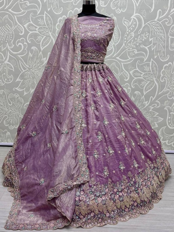 Pure Silk Crush Fabric Wedding Wear Lehenga In Lavender Color With Embroidery Work