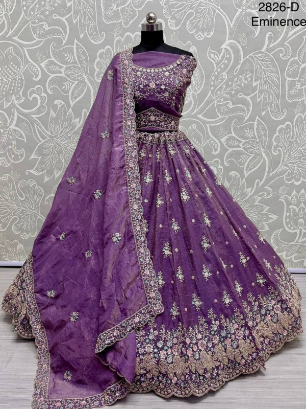 Pure Silk Crush Fabric Wedding Wear Lehenga In Purple Color With Embroidery Work