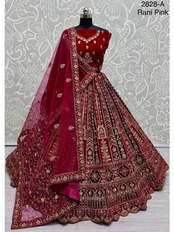 Pure Micro Velvet Wedding Wear Lehenga In Rani Pink Color With Embroidery Work