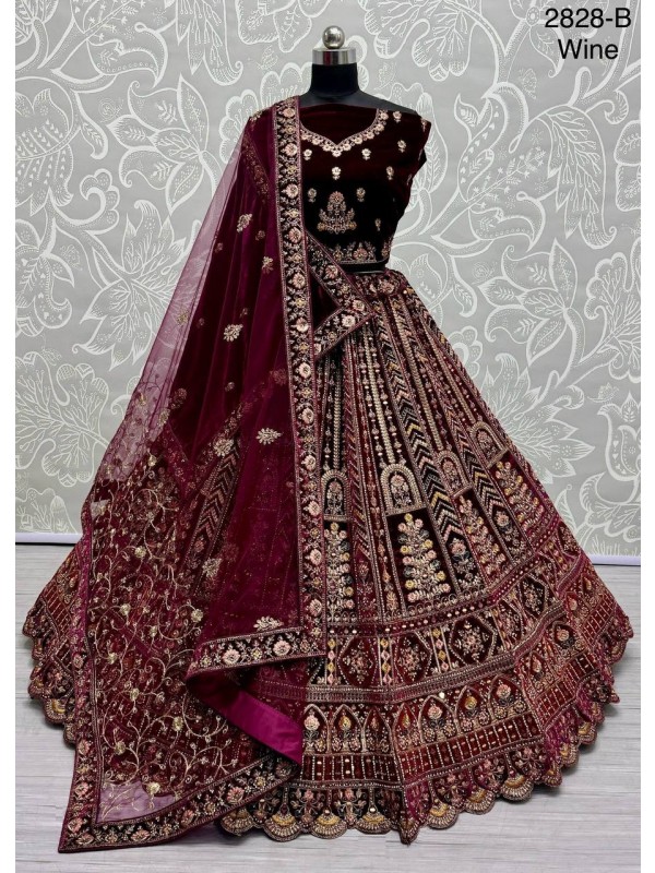 Pure Micro Velvet Wedding Wear Lehenga In Wine Color With Embroidery Work