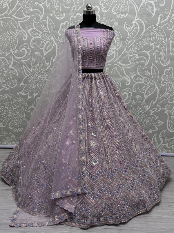 Soft Premium Net Fabric Wedding Wear Lehenga In Lavender Color With Embroidery Work