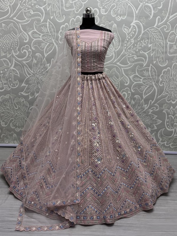 Soft Premium Net Fabric Wedding Wear Lehenga In Peach Pink Color With Embroidery Work
