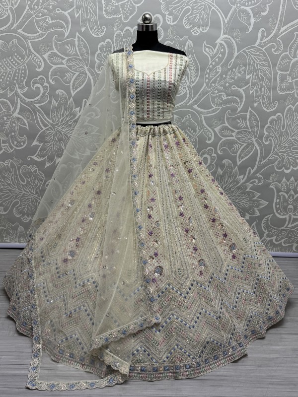 Soft Premium Net Fabric Wedding Wear Lehenga In White Color With Embroidery Work