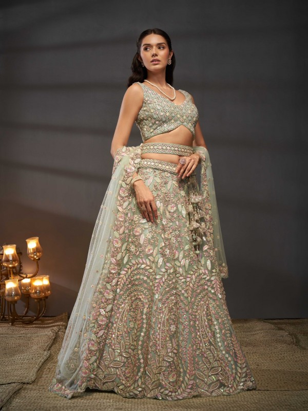 Soft Premium Net Party Wear Wear Lehenga In Sea Green Color With Embroidery Work 