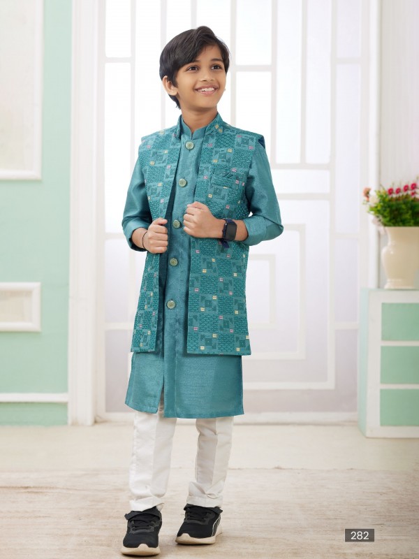 Art Silk Readymade Kids Indowestern in Green Color  Embroidery Work 