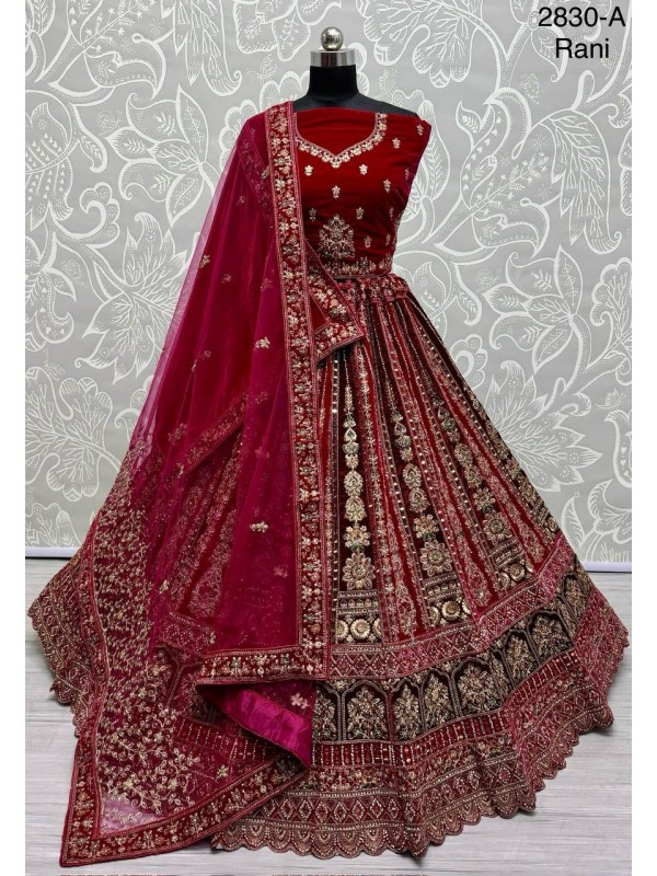 Pure Micro Velvet Wedding Wear Lehenga In Rani Color With Embroidery Work