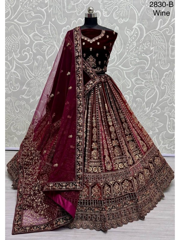 Pure Micro Velvet Wedding Wear Lehenga In Wine Color With Embroidery Work