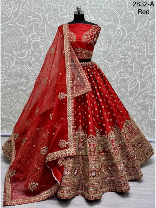 Pure Silk Wedding Wear Lehenga In Red Color With Embroidery Work