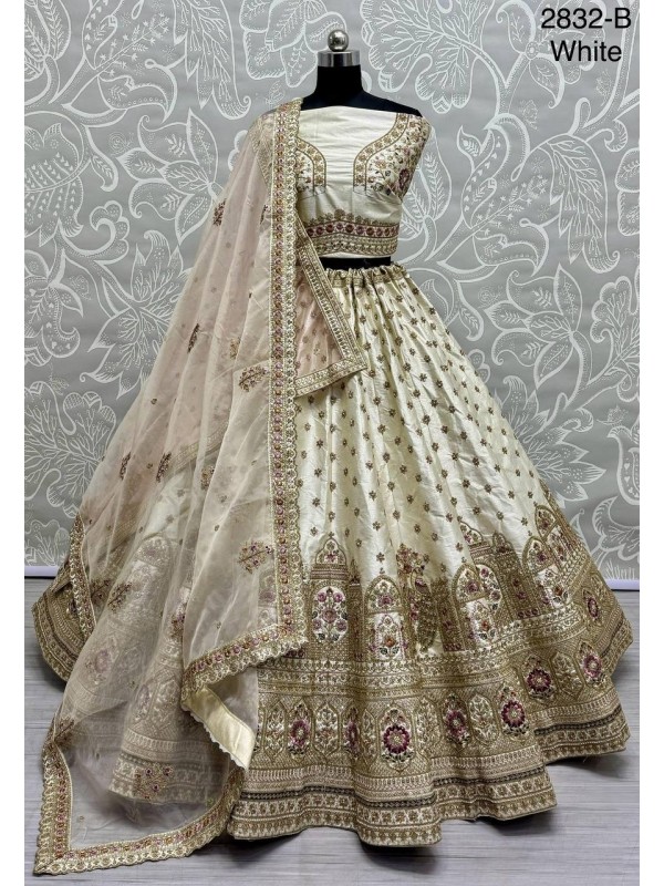 Pure Silk Wedding Wear Lehenga In Off White Color With Embroidery Work