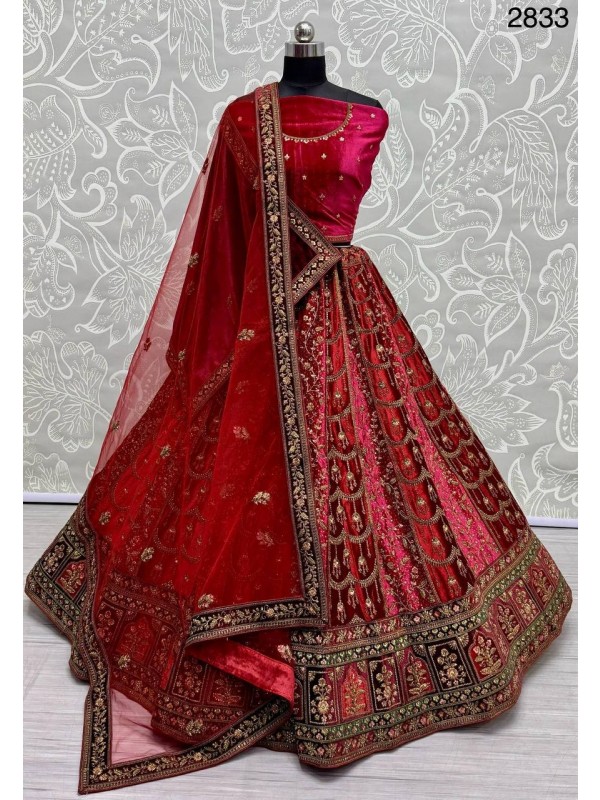 Pure Micro Velvet Wedding Wear Lehenga In Rani Pink Color With Embroidery Work