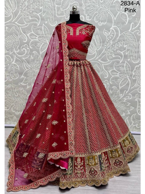 Pure Micro Velvet Wedding Wear Lehenga In Pink Color With Embroidery Work