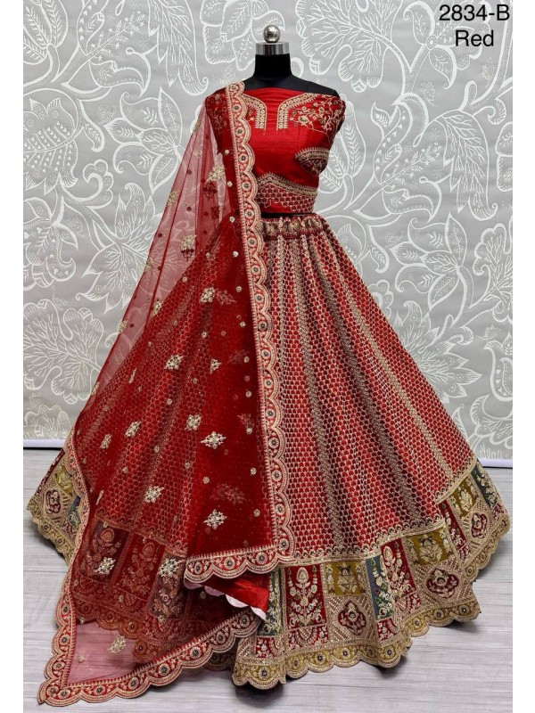 Pure Micro Velvet Wedding Wear Lehenga In Red Color With Embroidery Work