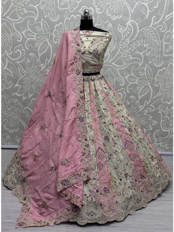 Pure Silk Fabric Wedding Wear Lehenga In Off White & Pink Color With Embroidery Work