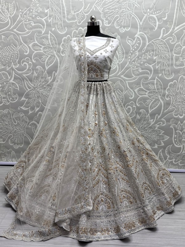 Soft Premium Net Fabric Wedding Wear Lehenga In Off White Color With Embroidery Work