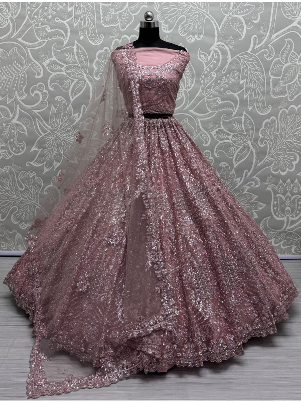 Soft Premium Net Fabric Wedding Wear Lehenga In Pink  Color With Embroidery Work