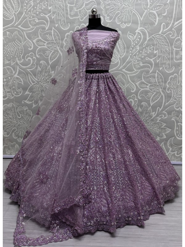 Soft Premium Net Fabric Wedding Wear Lehenga In Lavender Color With Embroidery Work