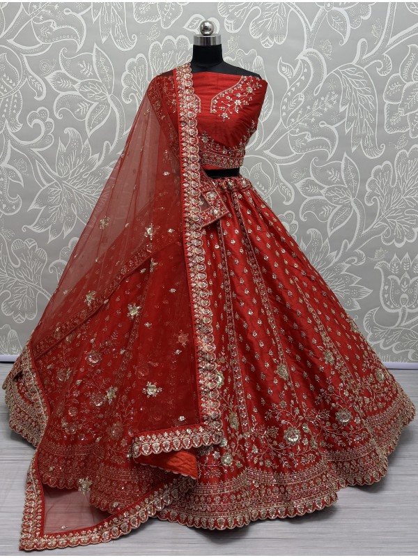 Pure Silk Fabric Wedding Wear Lehenga In Red Color With Embroidery Work