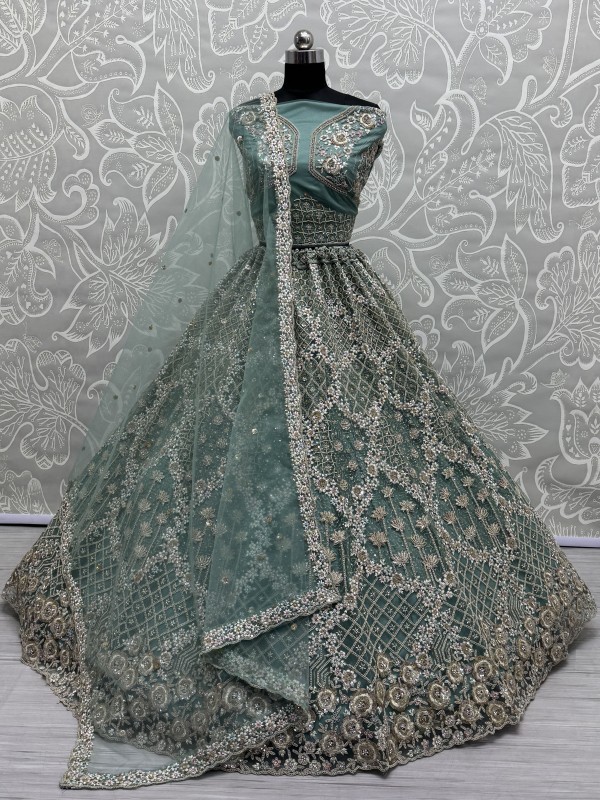Soft Premium Net Fabric Wedding Wear Lehenga In Lime Green Color With Embroidery Work