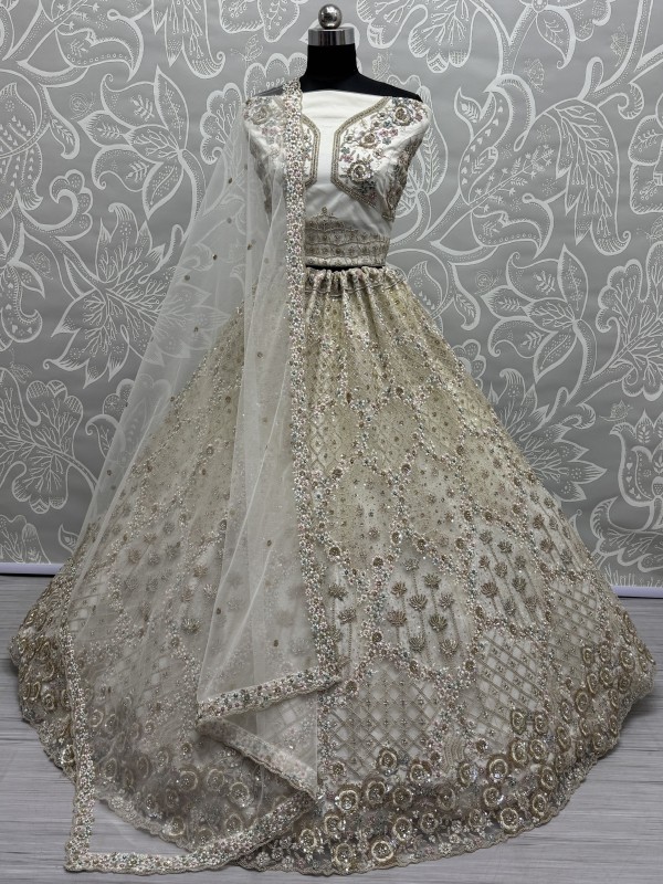 Soft Premium Net Fabric Wedding Wear Lehenga In White Color With Embroidery Work