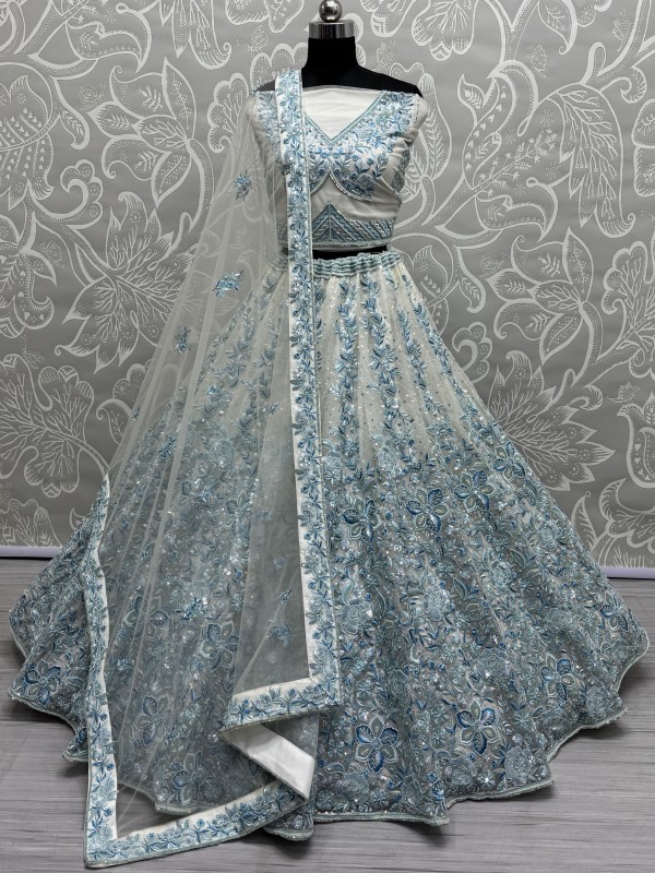 Soft Premium Net Fabric Wedding Wear Lehenga In Sky Blue Color With Embroidery Work