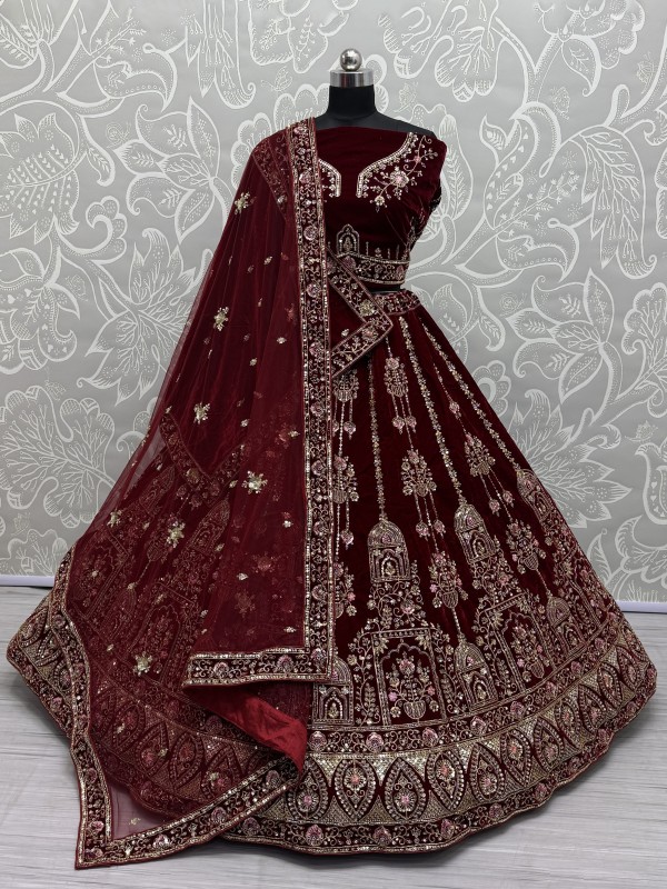 Pure Micro Velvet Wedding Wear Lehenga In Maroon Color With Embroidery Work