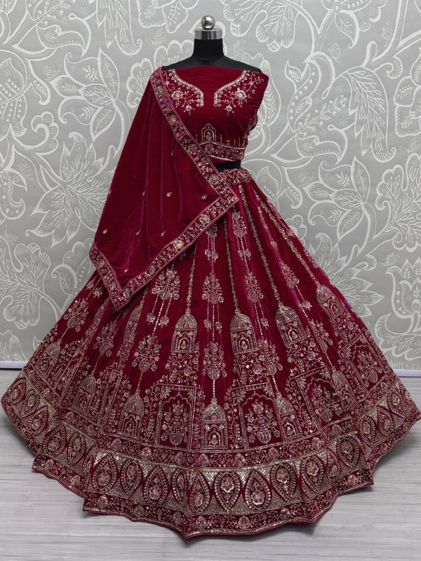 Pure Micro Velvet Wedding Wear Lehenga In Rani Pink Color With Embroidery Work