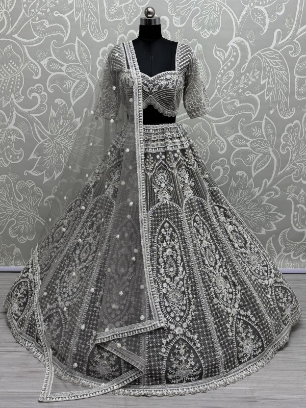 Soft Premium Net Fabric Wedding Wear Lehenga In Stone Grey Color With Embroidery Work