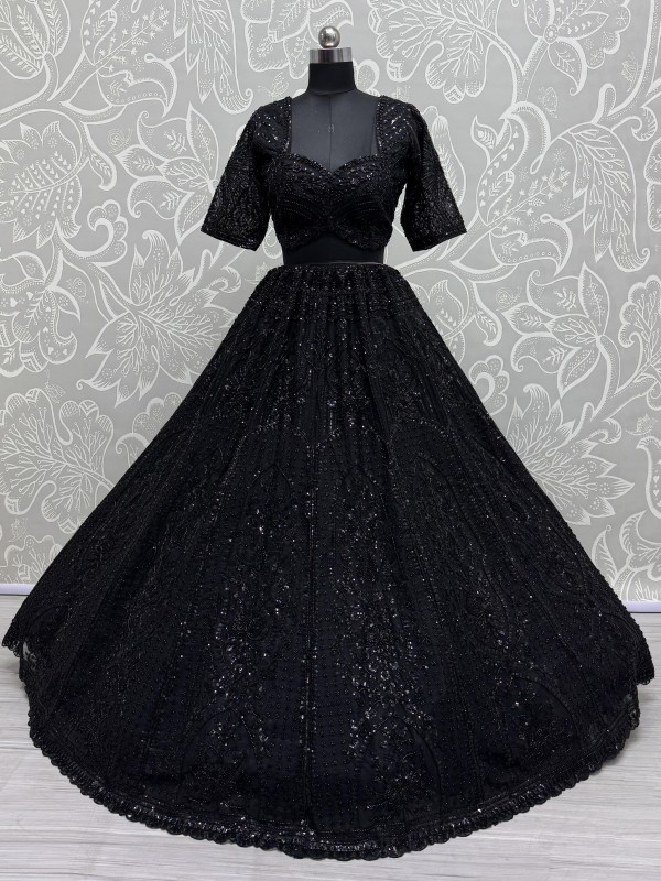 Soft Premium Net Fabric Wedding Wear Lehenga In Black Color With Embroidery Work