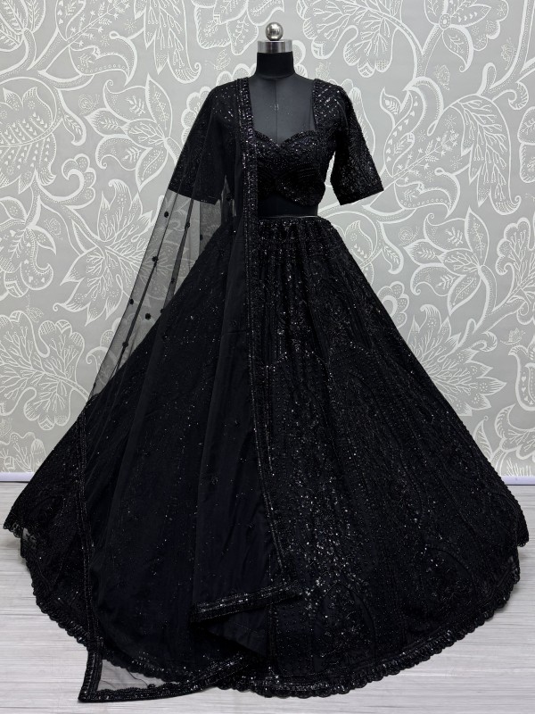 Soft Premium Net Fabric Wedding Wear Lehenga In Black Color With Embroidery Work