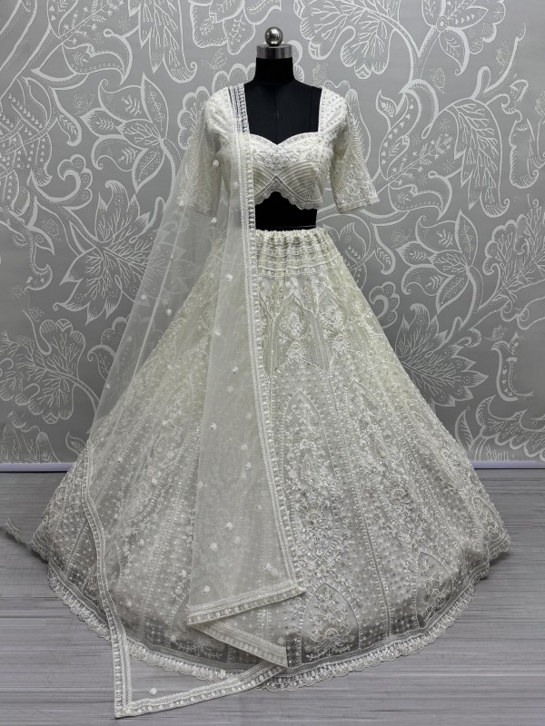 Soft Premium Net Fabric Wedding Wear Lehenga In White Color With Embroidery Work