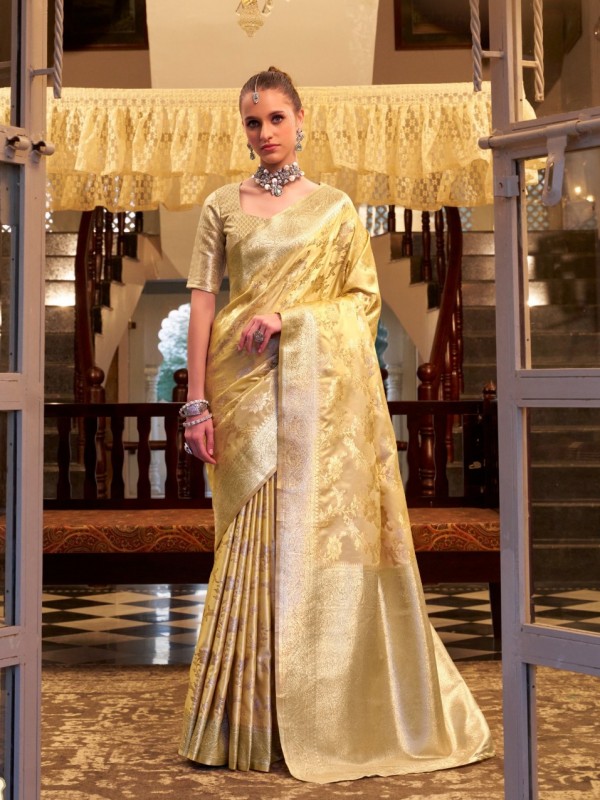 Pure Satin Silk Party wear Saree In Yellow Color with Zari Weaving 