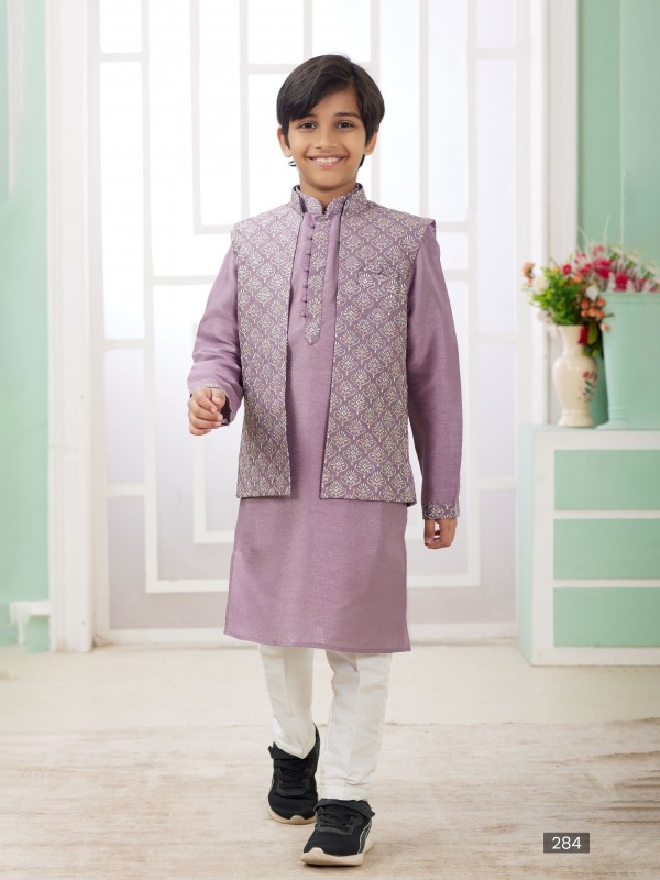 Art Silk Readymade Kids Indowestern in Dark Onion Color Embroidery work 