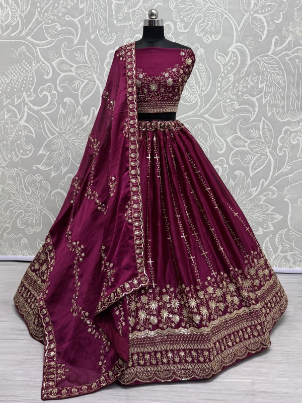 Pure Chiffon Silk Fabric Wedding Wear Lehenga In Magenta Color With Embroidery Work