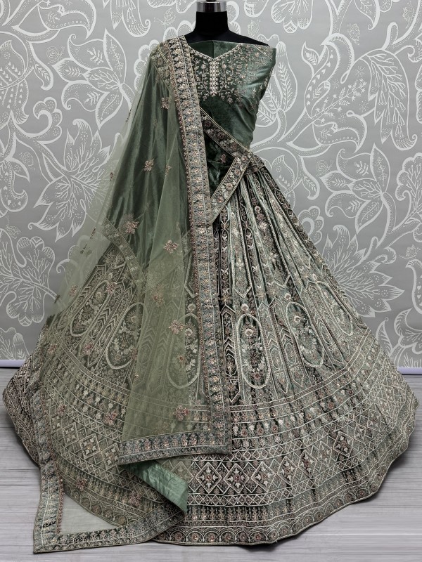 Pure Micro Velvet Wedding Wear Lehenga In Pista Color With Embroidery Work