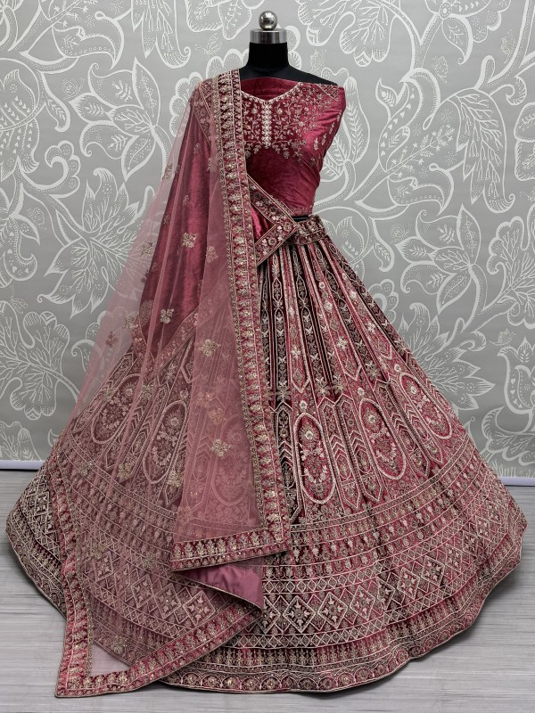Pure Micro Velvet Wedding Wear Lehenga In Pink Color With Embroidery Work