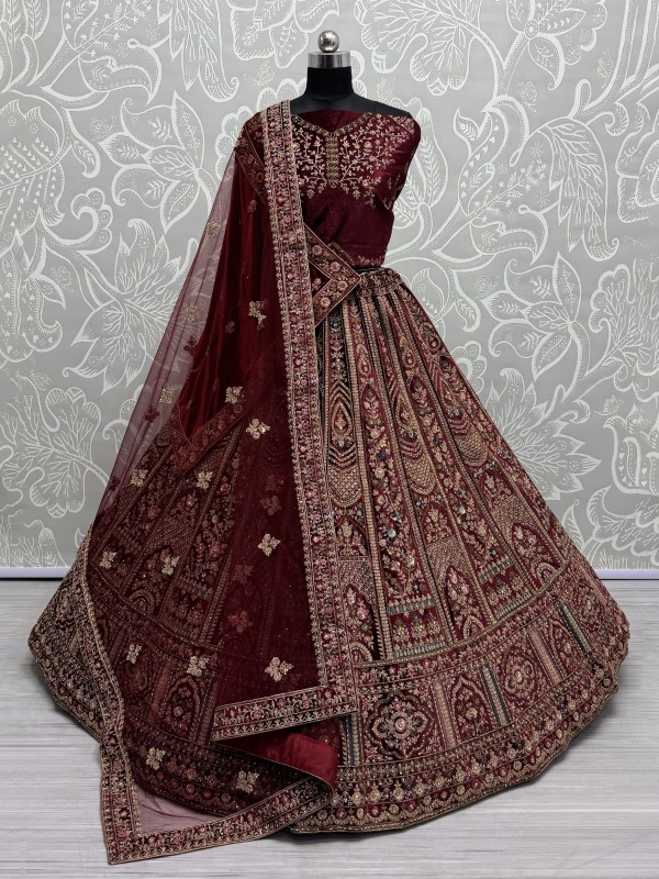 Pure Micro Velvet Wedding Wear Lehenga In Maroon Color With Embroidery Work