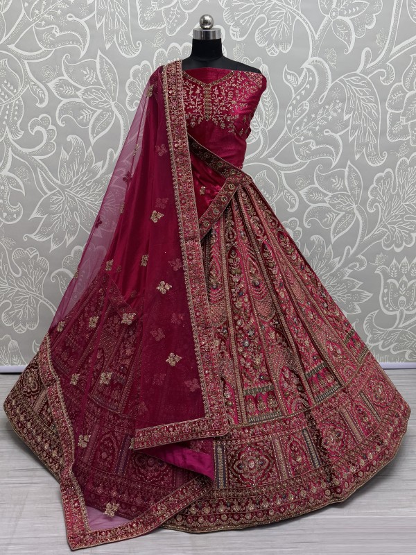 Pure Micro Velvet Wedding Wear Lehenga In Rani Pink Color With Embroidery Work