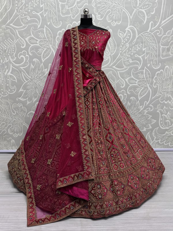 Pure Micro Velvet Wedding Wear Lehenga In Raspberry Color With Embroidery Work