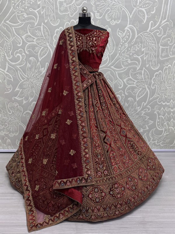 Pure Micro Velvet Wedding Wear Lehenga In Maroon Color With Embroidery Work