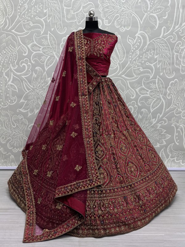 Pure Micro Velvet Wedding Wear Lehenga In Raspberry  Color With Embroidery Work