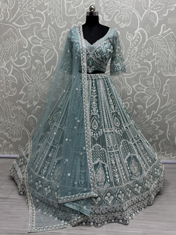 Soft Premium Net Fabric Wedding Wear Lehenga In Sky Blue Color With Embroidery Work